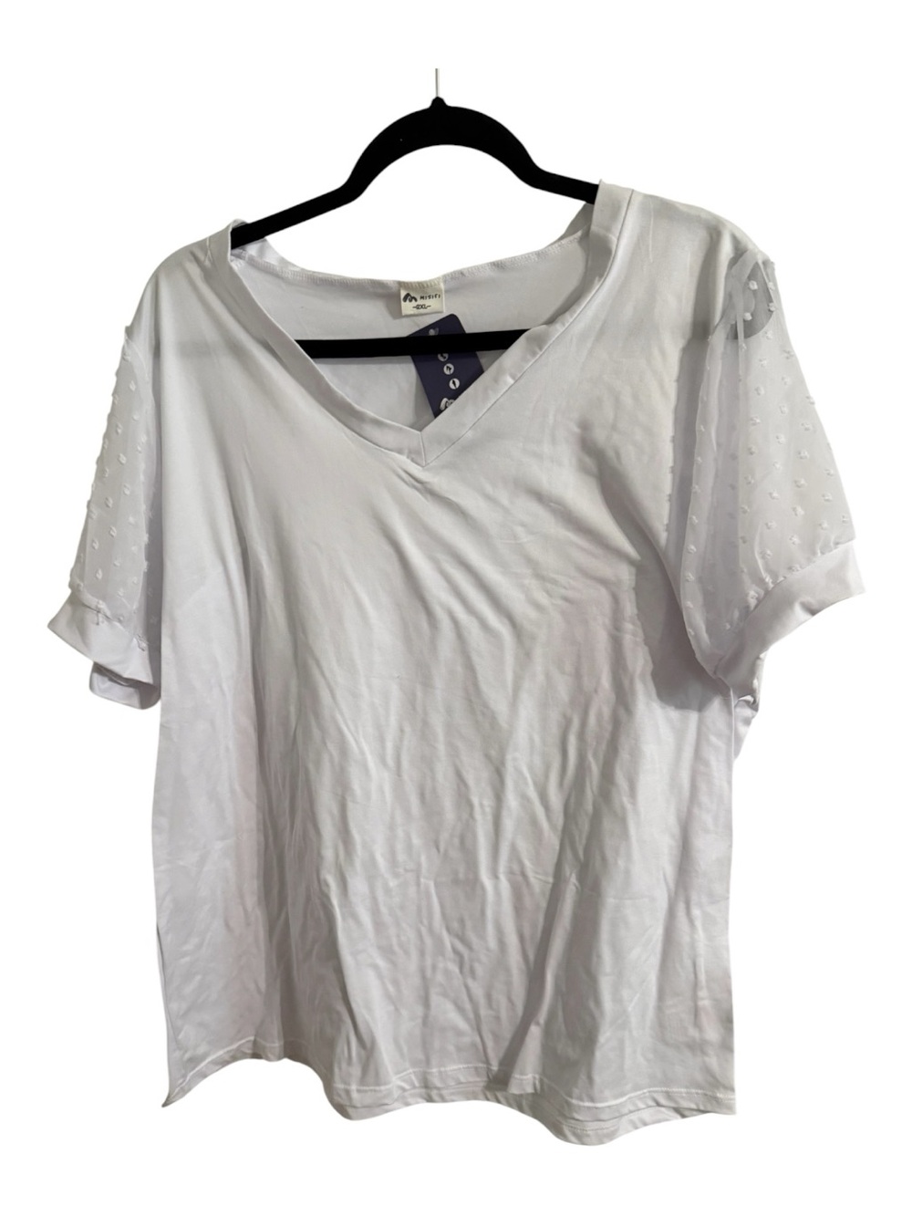 White V Neck Blouse Sheer Swiss Dot Sleeve Top Women’s 2XL NWT